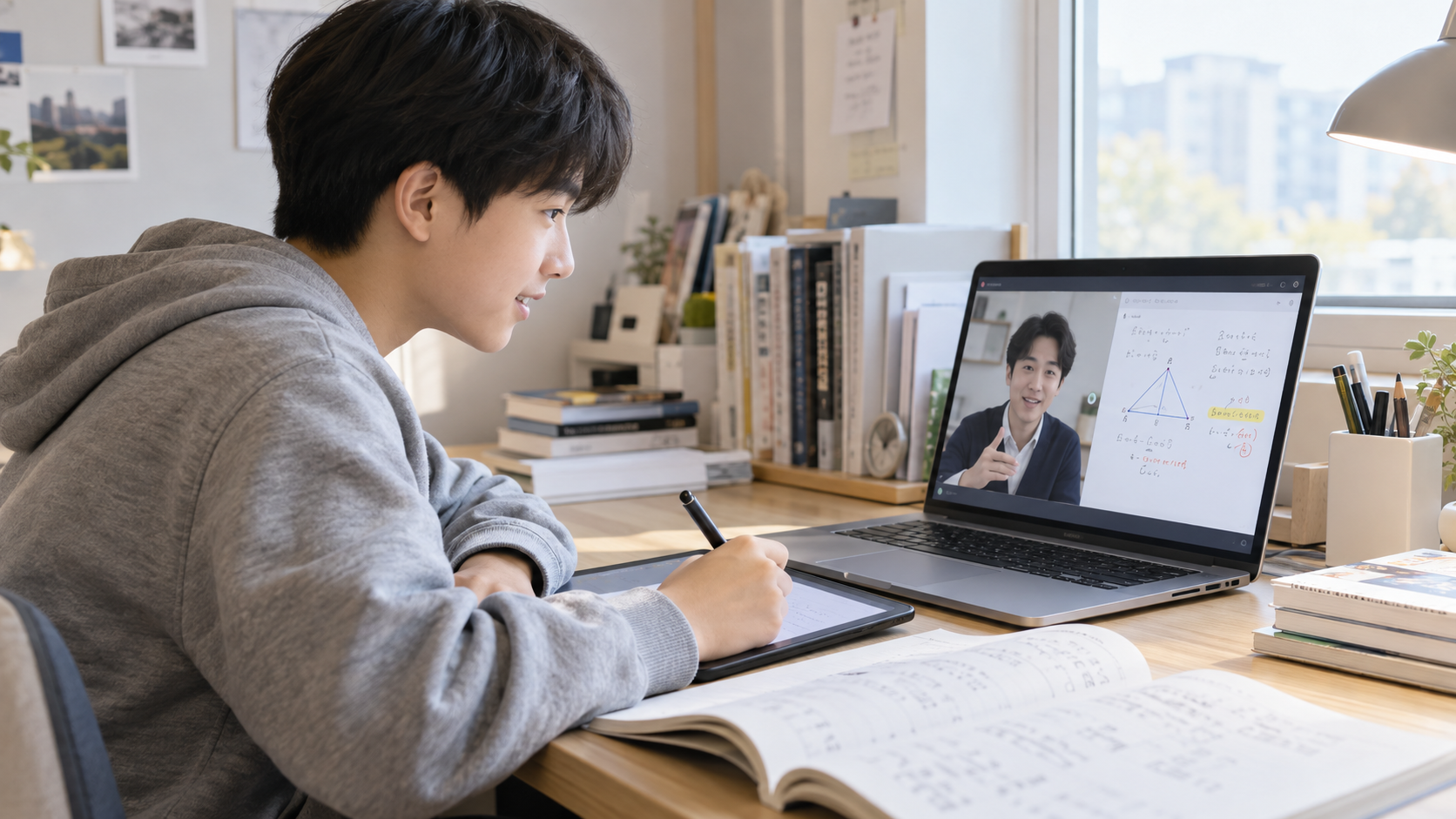 학생이 노트북 화면 속 선생님의 맞춤 설명을 보며 펜 태블릿에 풀이를 작성하는 화상 맞춤과외