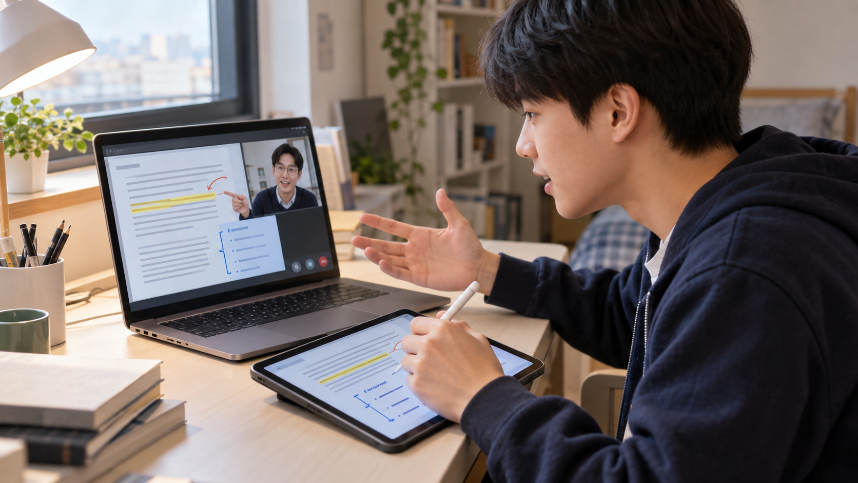 풍기동 일대일과외 학생이 화면 속 선생님과 독해 자료를 공유하며 태블릿으로 풀이하는 1대1 화상수업
