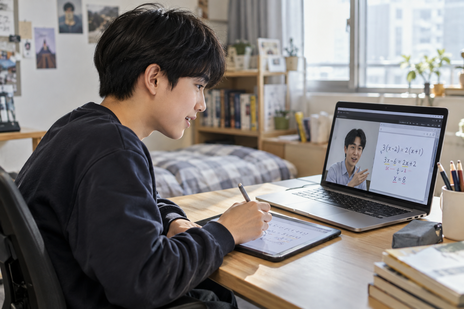 연천중 일대일과외 학생이 노트북 화면의 선생님과 대화하며 태블릿에 풀이하는 1대1 화상수업